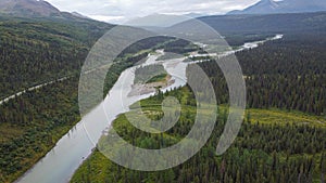 High-angle view of Nenana River in the forest in Alaska, USA