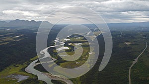 High-angle view of Nenana River in the forest in Alaska, USA