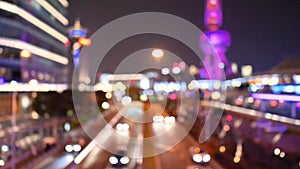 High angle view of night traffic light in modern city, Shanghai night urban street cars river, defocused and soft bokeh, 4K movie