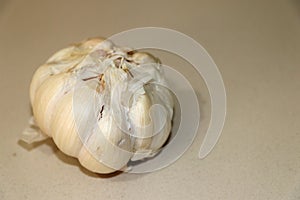 High Angle View Of Onions And Garlic on white background whole and cloves with copy space