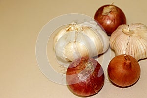 High Angle View Of Onions And Garlic on white background whole and cloves with copy space