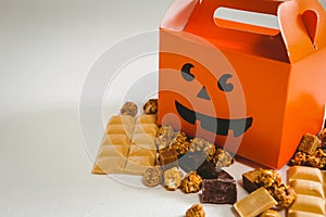 High angle view of orange box with chocolates