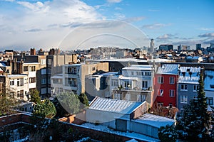 High angle view over backyards and residential houses covered with snow, Brussels, Belgium