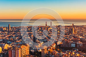 High angle view over Barcelona Spain at sunset