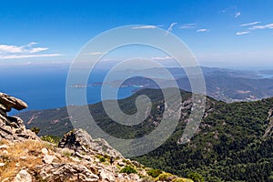 High angle view over entire island of Elba at summit station of Monte Capanne cable car