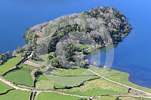 High angle view a peninsula of lake `Lagoa das Sete Citades, Azores, Portugal photo