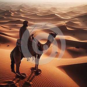 High-angle view of a person riding a camel in the desert, silhouetted against the vast sand dunes.