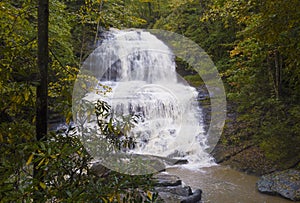 High angle view of Pierson Falls in the lush forest near Saluda, North Carolina