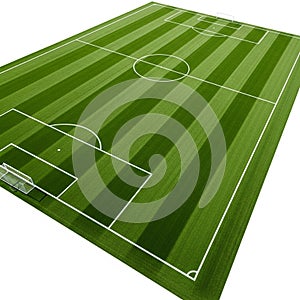 A perfectly manicured green soccer field with white lines and goalposts, isolated on a white background