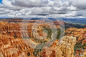 High angle view of the red rocks under the cloudy sky in the Bryce Canyon National Park, Utah, USA