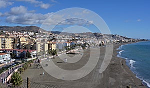 High angle view of Rincon de la Victoria beach on the Mediterranean sea of Spain.