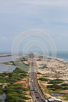 High angle view of the road to the sea, taken from above. Dhanushkodi, India