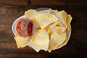 High angle view salsa nachos