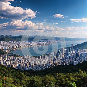 The high angle view of Seoul during the day with the blue sky and beautiful clou...