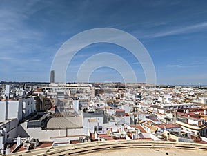 High Angle View of Sevilles Stunning Architecture and Cityscape Against a Beautiful Sky in Spain photo