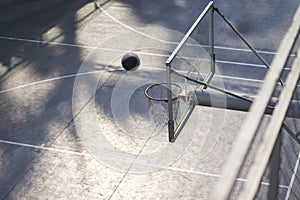 High angle view of shooting basketball in outdoor court nobody