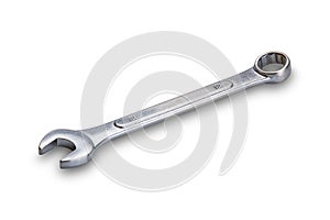 High angle view of single combination wrench or spanner isolated on white background