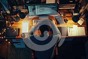 Top view of software developer working on a laptop at home