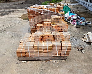 High angle view of stack of bricks at construction site