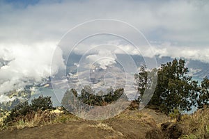 High angle view of steaming crater and lake of Mount Rinjani, Lo