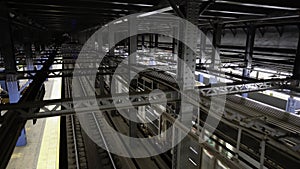 High angle view of Subway Train Station in NYC. train leaving Chambers Street