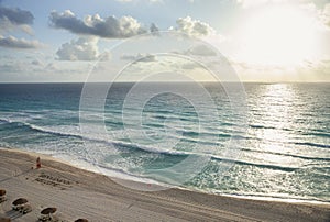 High angle view of the sunrise over the ocean and beach in Cancun Mexico