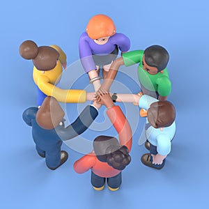 High angle view of a team of united coworkers standing with their hands together in a huddle