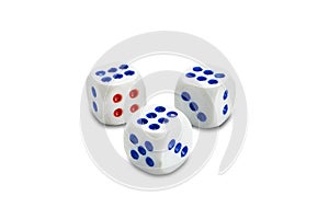 High angle view of three dice isolated on white background
