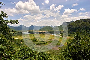 High angle view to a plain and a river in the National Park of Phong Nha Ke Bang, Vietnam.