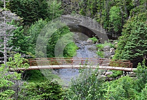 High angle view towards a footbridge crossing a river