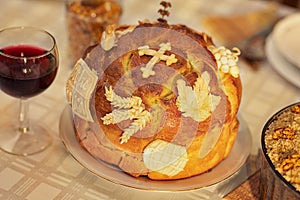 High angle view of traditional homemade Slava cake bread on table