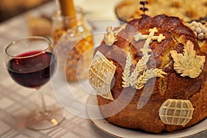 High angle view of traditional homemade Slava cake bread on table