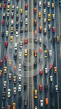 High angle view of traffic jam on highway with many cars