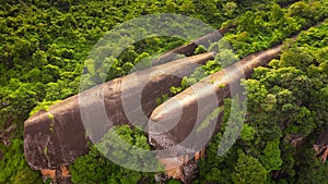 High angle view from unmanned aircraft.  Popular tourist attraction. Three whale stones. Bird eye view shot of three whales rock.