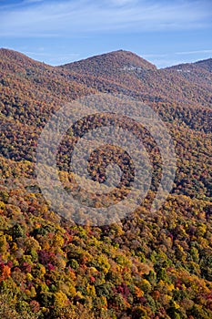 High angle view of vibrant autumn colors in the Blue Ridge Mountains of North Carolina, USA