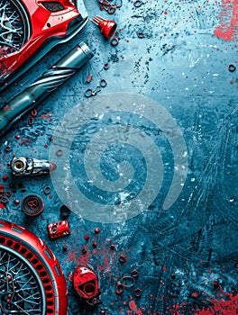 High Angle View of Vintage Automotive Parts on Textured Blue Surface with Paint Splatters Industrial and Mechanical Background for