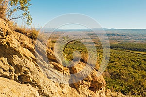 High angle view of volcanic rock formations in Rift Valley seen from Mount Longonot in Naivasha, Kenya