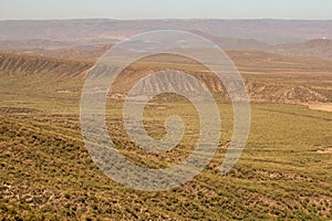 High angle view of volcanic rock formations in Rift Valley seen from Mount Longonot in Naivasha, Kenya