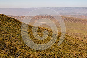 High angle view of volcanic rock formations in Rift Valley seen from Mount Longonot in Naivasha, Kenya