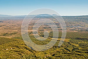 High angle view of volcanic rock formations in Rift Valley seen from Mount Longonot in Naivasha, Kenya