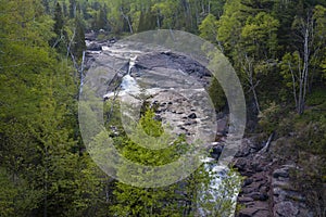 High angle view of waterfall along north shore of Lake Superior in Minnesota