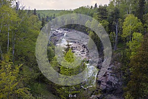 High angle view of waterfall along north shore of Lake Superior in Minnesota