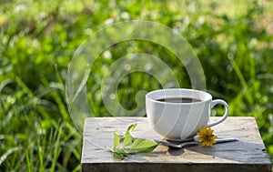 High angle view, a white cup of black americano coffee on a rustic wooden table with a green natural background and morning