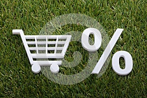 Miniature Shopping Cart And Percentage Sign On Green Grass