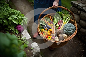 High angle view of wicker basket full of organic vegetables.