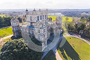 high-angle view of Wollaton Hall Elizabethan country house in Wollaton Park, Nottingham, England. winter warm day