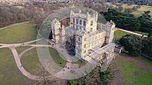 high-angle view of Wollaton Hall Elizabethan country house in Wollaton Park, Nottingham, England. winter warm day