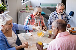 High angle view of woman serving drink to senior friends