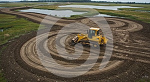 Earthmoving equipment creating curvilinear patterns in field