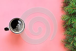High angle of woman hands holding coffee mug on pink background Minimalistic style. Flat lay, top view isolated